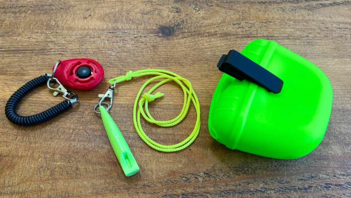 photo of clicker whistle and treat bag